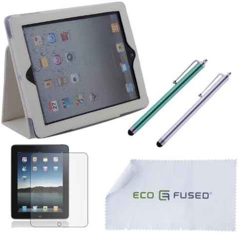 iPad 2, 3, 4 Accessory Bundle Including 1 Faux Leather Stand Case for Apple iPad 2, 3 and 4/2 Stylus Pens / 1 Screen Protector / 1 ECO-FUSED Microfiber Cleaning Cloth (White)