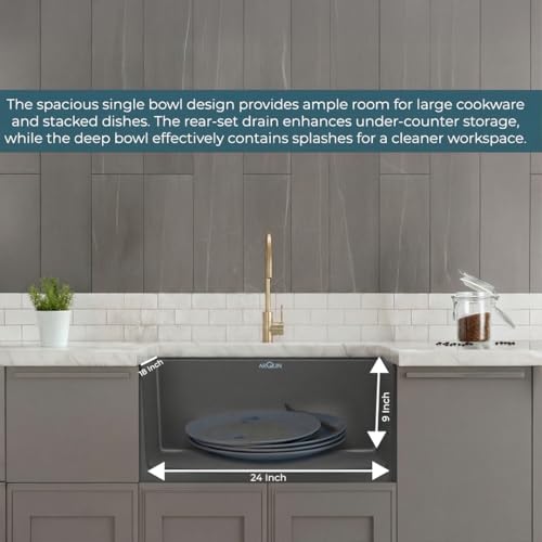 Image of ARQUIN Quartz Sink 24x18x9 Inch Grey | Single Bowl Sink | Durable & Scratch-Resistant | Undermount /Topmount Including Coupling, Waste Pipe & Fruit Washing Basket