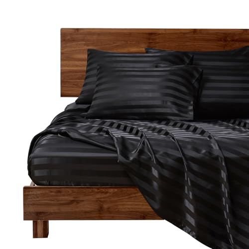 Image of MR&HM Satin Bed Sheets, King Size Sheets Set, 6 Pcs Silky Bedding Set with 15 Inches Deep Pocket for Mattress (King, Black Striped)