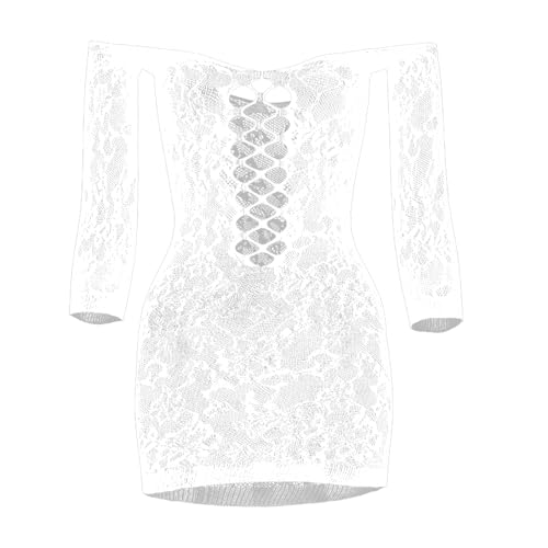 Tosmifairy Women's Mini Fishnet Lingerie Dress Sexy Off The Shoulder Sleepwear Chemise Stretchy Bodysuit,One Size (White)