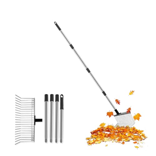 Grabie ogrodowe z trzonkiem 160 cm, 4-częściowy – grabie do liści, metalowe, 21 zębów, szerokość 40 cm, grabie do trawnika, z regulacją wysokości, stabilna grabie ogrodowe, do liści, trawy, ziemi