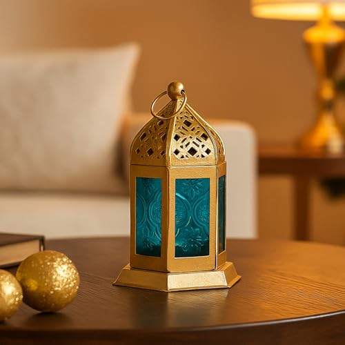 Image of MARKET 99 Moroccan Lantern Candle Holder | Metal & Glass Tealight Lantern | Golden & Blue Decorative Lamp | Home Decor for Living Room, Table & Dinner Setup | (Use LED T-Light only)