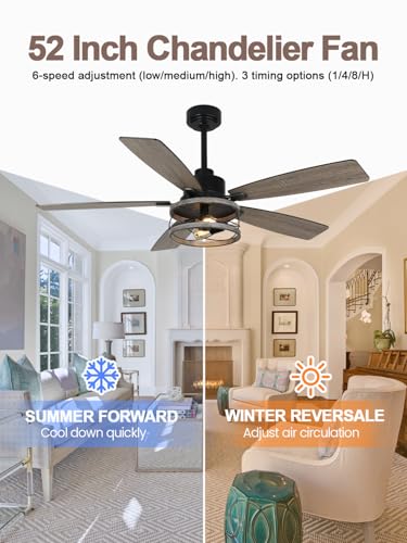 Image of 52 Inch Farmhouse Rustic Chandelier Ceiling Fan with Light