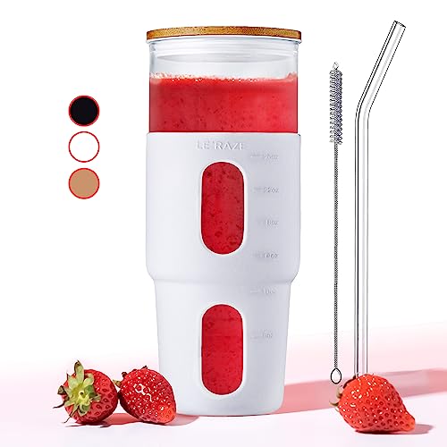 32Oz Glass Tumbler With Straw & Bamboo Lid With Silicone Sleeve, Reusable Boba Smoothie Cup Iced Coffee Tumbler, Fits Cup Holder, Glass Water Bottle, Bpa Free Beer Mug & Stein White. #TOP4