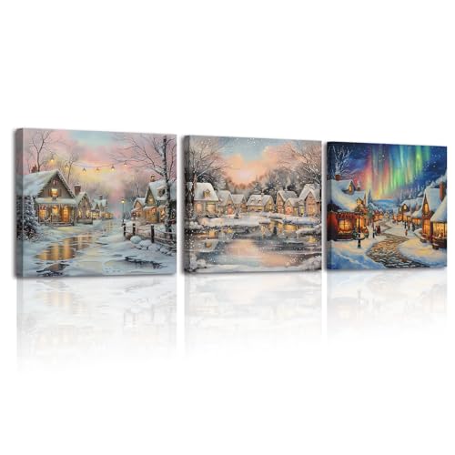 Piy Painting Set of 3 Christmas Framed Canvas Wall Art, Snow Scene Picture Canvas Print Paintings, Wall Pictures For Living Room, Artwork Decorative Paintings for Bedroom Office 12x12 inch