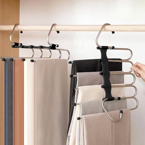 VitalBloom ズボンハンガー 2本セット ステンレス スラックスハンガー 5段 省スペース ハンガー 多機能収納用 縦横両用 （ブラック）