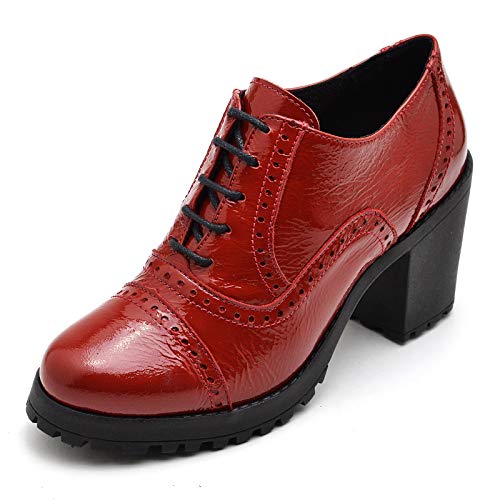 Bota Oxford Feminina Cano Curto em Verniz Tratorada (Vermelho, 37)