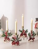 Romadedi Candle Holders Christmas Decor: Gold Candlestick Holder for Taper with Red Berry Decoration for Table Centerpiece Festive Xmas Ornaments Mantel Home, Set of 2
