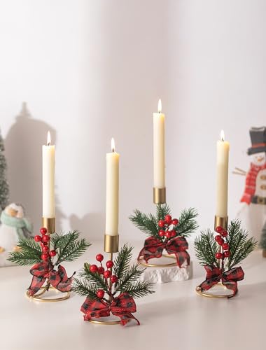 Romadedi Candle Holders Christmas Decor: Gold Candlestick Holder for Taper with Red Berry Decoration for Table Centerpiece Festive Xmas Ornaments Mantel Home, Set of 2