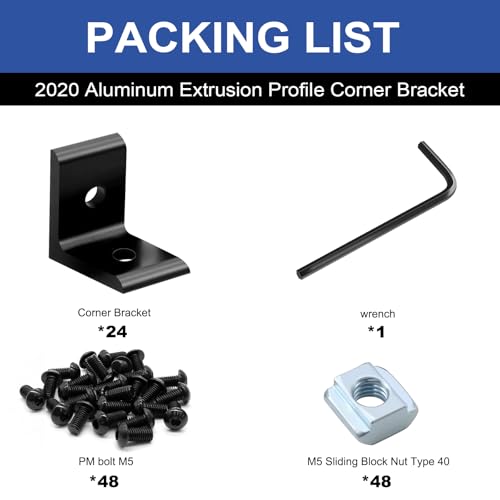 Image of 24 Pack 2020 Corner Bracket Connector 20 Series Aluminum Extrusion Profile Accessories Hardware, 90 Degree Angle Bracket for 20x20 Extruded Aluminum Black