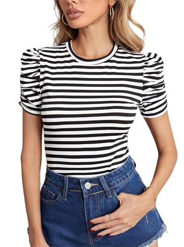 Amazon.com: LilyCoco Womens Striped Shirt Short Puff Sleeve Tops
