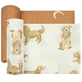 Muslin Swaddle Blankets Neutral, Baby Swaddling Wrap Nursery Blanket Unisex, Soft 70% Viscose from Bamboo and 30% Cotton, Large 47 x 47 inches, Labrador &Orange Boho Moon Swaddle Blanket