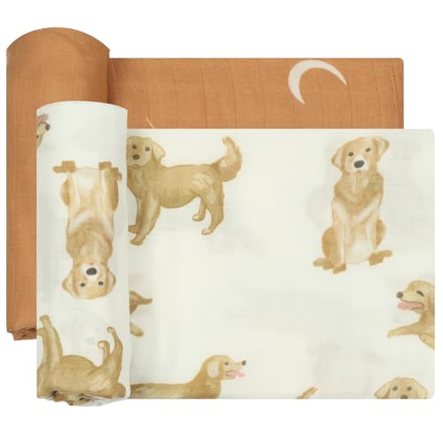 Image of Muslin Swaddle Blankets Neutral, Baby Swaddling Wrap Nursery Blanket Unisex, Soft 70% Viscose from Bamboo and 30% Cotton, Large 47 x 47 inches, Labrador &Orange Boho Moon Swaddle Blanket