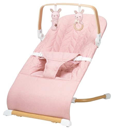 Image of Portable Baby Bouncer, Bouncer Seat for Babies 0-12 Months, 3 Recline Positions, Foldable Baby Rocker Chair with Removable Wooden Bar, Pink