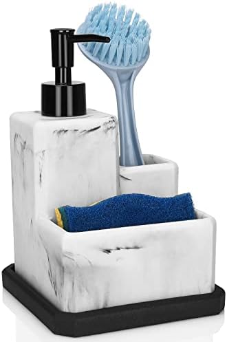 Soap Dispenser with Sponge Holder and Brush Holder,White Marble 3 in 1 Liquid Hand Dish Soap Dispenser and Sponge Holder Sink Caddy Organizer for Kitchen Bathroom,Removable Bottom Tray