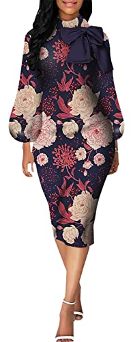 Image of Sexy Long Sleeve Dress for Women Solid Color Bow Knot Turtleneck Formal Gown Midi Casual Church Dresses
