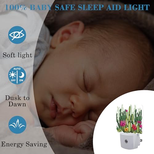 Image of Green Succulents and Cactus Plants Night Light Plug into Wall with Dusk to Dawn Sensor Cute Nightlight for Kid Girls Boys Women Men Room Decor, Hallway, Kitchen, Bathroom, Nursery, Stairs