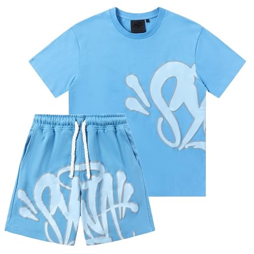 Corto Conjunto Synaworld Hombre,Camiseta Unisex Con Letra Estampada Gráfica,2 Piezas Adulto Y Niños Manga Corta Con Pantalones,Verano Mujeres Chándal Top Y Shorts Deportiva(1,L)