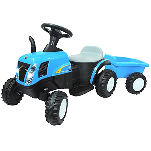 JAMARA 460482 Ride-on Traktor New Holland mit Anhänger 6V-leistungsstarker Antriebsmotor und Akku für Lange Fahrzeit, kräftigen Vortrieb, hohe Bodenfreiheit Motorsound, Licht vorne, Gaspedal, blau