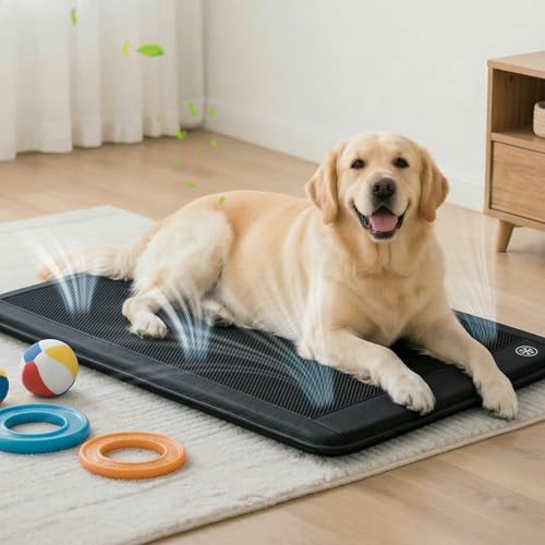 Homcolorful Electric Dog Cooling Mat, 30"x24" Pet Cooling Mat Indoor with Fan for Dogs and Cats, 3 Cooling Levels, Non-Slip Chill Pad for Dogs & Cats from 22–55 lbs, No Water or Refrigeration Needed
