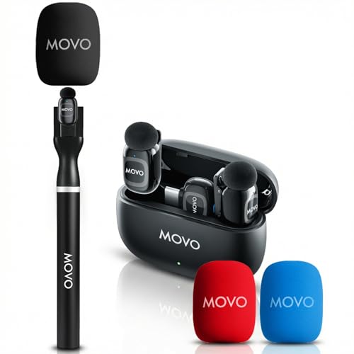Movo NanoMic Wireless USB-C Mic Kit with Interview Handle Dual Street Interview Mic for iPhone 15/16/17+ Android & iPad Pro Vox Pops & TikTok