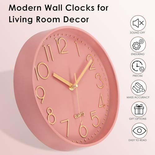 Image of Lumuasky Pink Wall Clock Modern Battery Operated Analog Small Cute Silent Non-Ticking Decorative Clock for School Office Classroom Bedroom Kitchen Living Room Nursery Decor (10 inch)