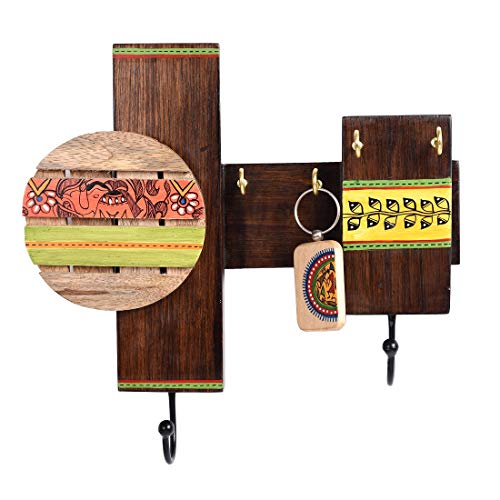 Image of AAKRITI ART CREATIONS Key Holder, Handcrafted Madhubani Art Key Hanger | Rustic Wood Wall Organizer with 4 Hooks | New Home Gifts | Multifunctional Entryway Decor Item