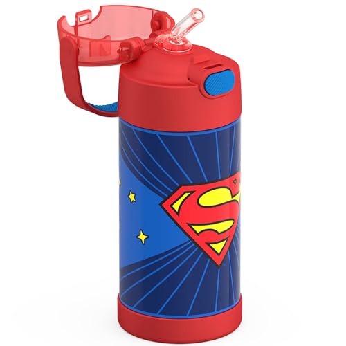 Image of THERMOS FUNTAINER Water Bottle with Straw - 12 Ounce - Kids Stainless Steel Vacuum Insulated Water Bottle with Lid, Superman