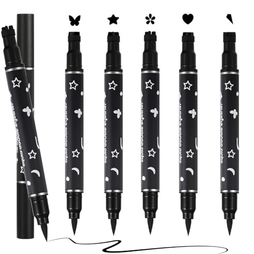 5PCS Eyeliner Stamp Double Black Liquid Eyeliner Stamp Pen Set Waterproof Smudge-Proof Double-headed Liquid Eyeliner for Beginners and Eye Make-Up Lovers - Triangle, Heart, Star, Flower, Butterfly