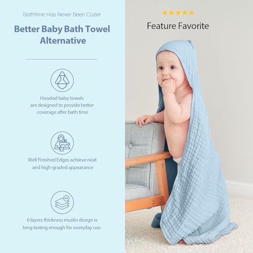 Image of Unnivoll Hooded Baby Towels for Newborn - 2 Pack, 100% Muslin Cotton, Baby Bath Towels with Hood, Soft and Absorbent for Boys, Girls Infant, Toddler and Kids, Large 32x32 Inches, Newborn Essential