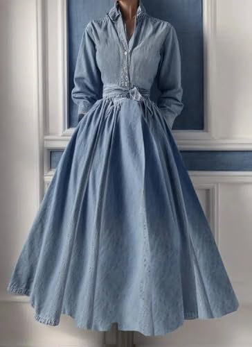 Dresses for Women Summer 2025 V Neck Long Sleeve A Line Casual Trendy Beach Denim Maxi Dress with Front Waist Tie2