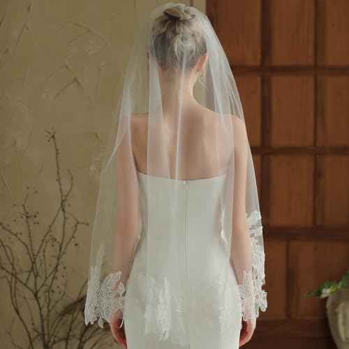 Voile de mariée mi-long en dentelle blanc cassé 100x150 cm