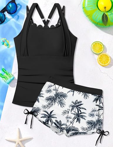 Image of Girls Swimsuit 2 Piece Halterneck Cross Straps Girls Tankini Top Drawstring Prints Shorts Bathing Suit for Teens 9-16Y