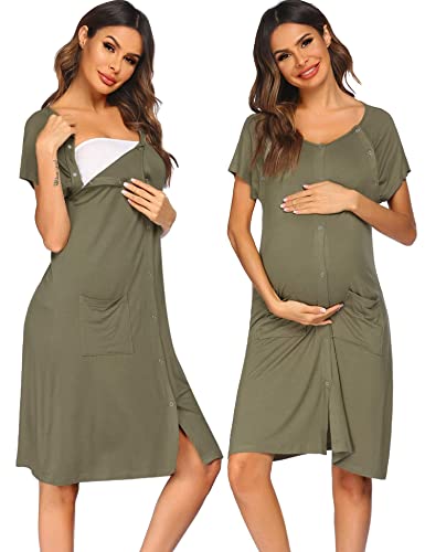 Image of Ekouaer 3 in 1 Nursing Dress Maternity Nightgown Labor/Delivery Breastfeeding Birthing Gown with Button Green