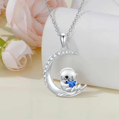 Image of PROESS Animal Birthstone Necklace 925 Sterling Silver Otter /Axolotl /Hippo /Elephant /Dachshund /Monkey /Red Panda Pendant Necklace Animal Birthstone Jewelry Gifts for Women