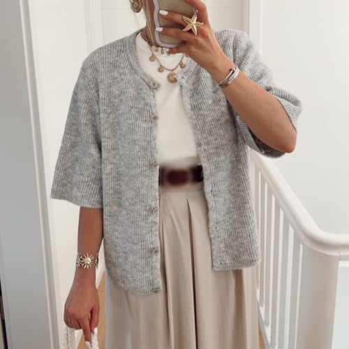 Womens Button Up Short Sleeve Cardigans Sweater Cropped Lightweight Round Neck Elegant Knit Tops with Pockets3