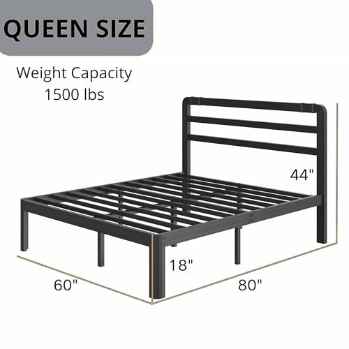 Image of ZIYOO 18 Inch Queen Black Metal Bed Frame with Headboard, 1500LBS Reinforced Platform Bed, Noise Free Steel Slat Support, No Box Spring Needed, Easy Assembly, Perfect for Bedroom Guest Room Hotel