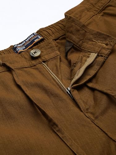 Image of The Indian Garage Co Men Slim Fit Solid Mid-Rise Elasticated Linen Trousers