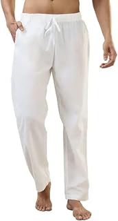 Men's White Cotton Pyjama Pants, Elastic Waistband with Drawstring, Straight Fit, Casual Wear (Large) Price In India
