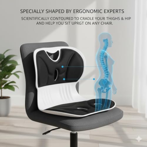 Image of Folding Ergonomic Lumbar Back Support with Seat Cushion - Orthopedic Posture Corrector for Lower Back Pain Relief, Spine Backrest Support for Office Chair, Floor Seating, Home Use (Black)