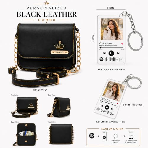 Image of SAVRI Personalized Rakhi Gift for Sister | Customized Leather Sling Bag with Name & Charm and Spotify Photo Keychain with Favourite Song, Personalised Gift Combo for Sister, Behan, Didi- Bro Sis Gift