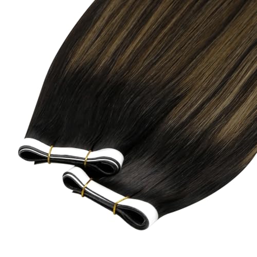 Image of LaaVoo Human Hair Tape in Weft Extensions Balayage Brown Hair Extensions Tape Weft Human Hair Invisble Tape ins Hair Extension Ombre Brown to Light Brown 20inch 50G
