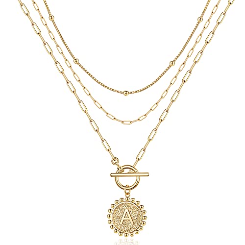 IEFWELL Dainty Layered Necklaces for Women, 14K Gold Plated Paperclip Link Gold Necklace for Women Necklaces Letter A Necklaces Gold Layered Initial Necklaces for Women
