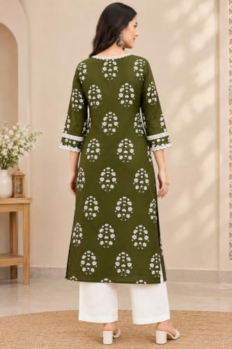 Image of Women's Cotton Floral Printed V-Neck A-Line Kurta /Regular Fit Kurti-3 /4 Sleeve