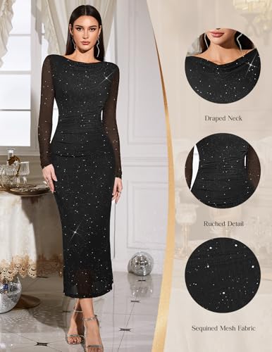 HomRain Women's Sequin Mesh Maxi Dress Long Sleeve Bodycon Dresses for Fall Party Holiday Club Outfit3