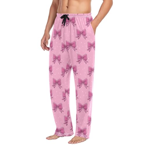 Men's Cute Pink Bows Pajama Pants with Pockets - Straight Fit Cotton Sleep Bottoms for Lounge & Nightwear#6104
