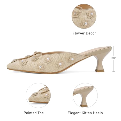 Image of Women Kitten Heel Mules Crystal Flower Decor Mesh Pointed Toe Low Heel Casual Pumps