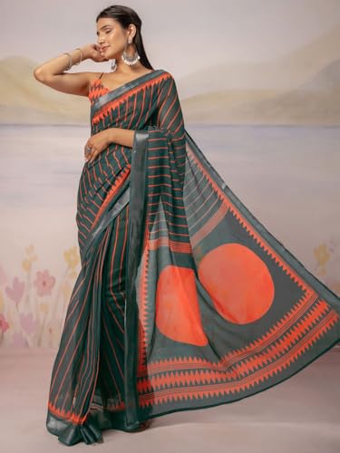 Image of Satrani Women's Linen Printed Ready To Wear Saree with Unstitched Blouse Piece