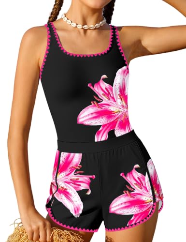 Image of Qaoerde Girls Swimsuit One Piece Swimsuits Solid Color Bathing Suit Colorful Contrast Trim Adjustable Straps Swimwear 9-16Y