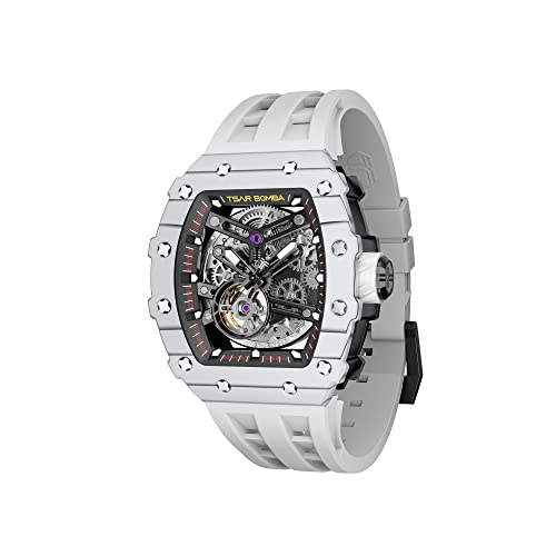TSAR BOMBA Men's Automatic Watch Tonneau Luxury Skeleton Watches for Men Mechanical 50M Waterproof Analogue Watches Mens Unique Cool Silver Square Big Face Dial...